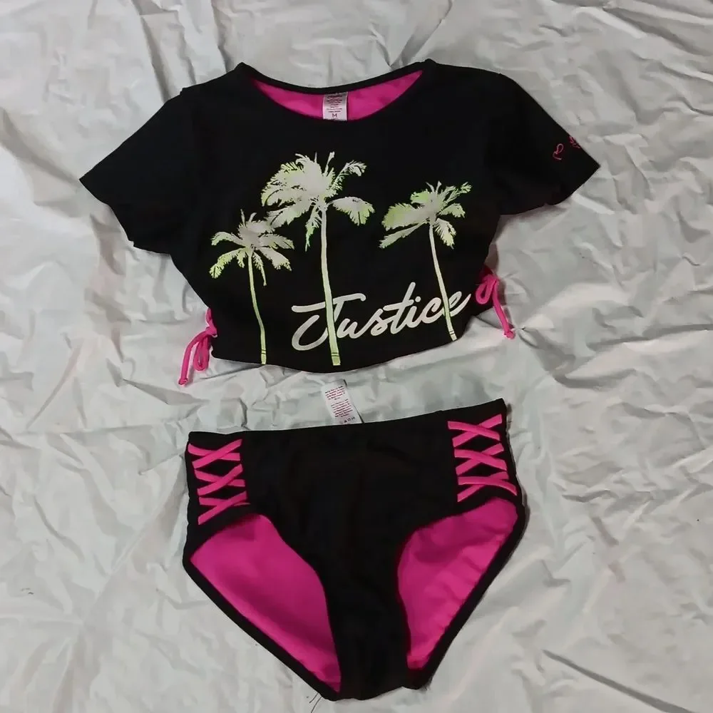 Justice Black and Pink Kids Swim Set Size M 10 Preowned